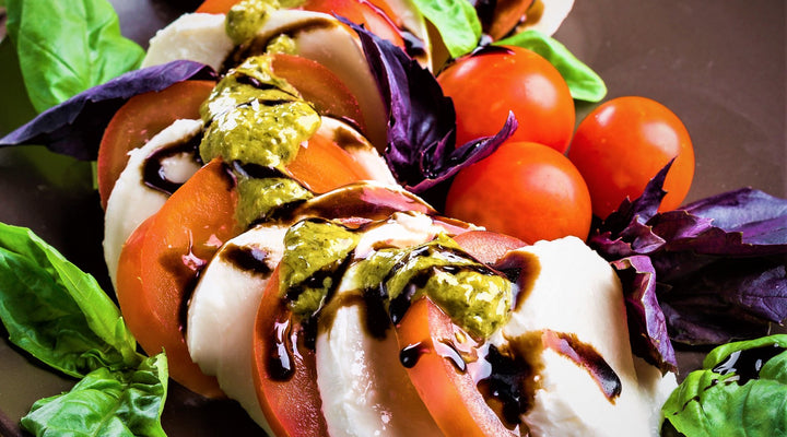Caprese Salad w/ Cilantro Pesto & Lavender Balsamic