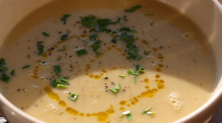 Sweet Summer Corn Bisque W/ Crispy Fried Shallots & High Biophenol UP EVOO