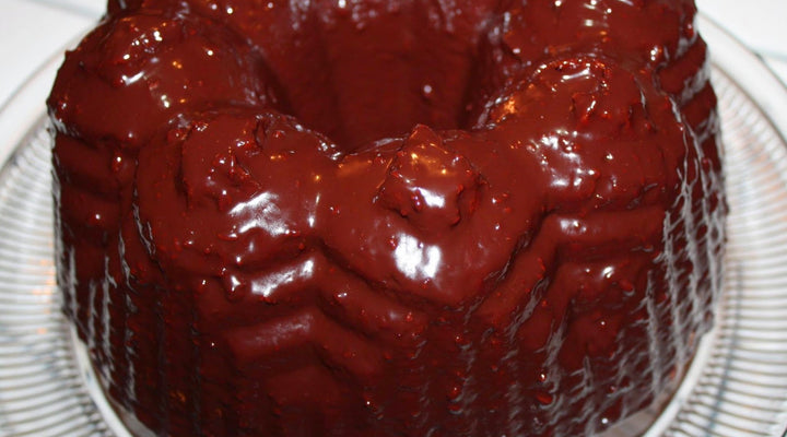 Chocolate-Raspberry Balsamic Glazed Olive Oil Bundt Cake