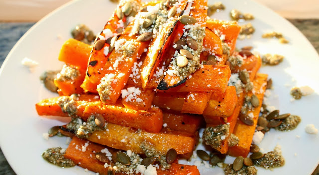 Roasted Butternut Squash With Sage & Toasted Pumpkin Seed Pesto and Ricotta Salata