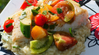 Pan Seared Fresh Halibut With Warm Marinated Heirloom Tomato & Baby Squash Salad