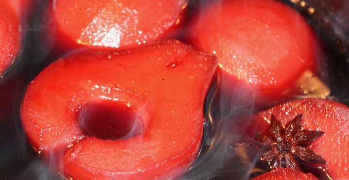 Red Wine & Aged Vanilla Balsamic Poached Pears W/ Honey Cinnamon Mascarpone