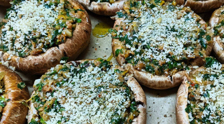 Portobello Mushrooms Stuffed with Baby Artichoke Spinach Risotto