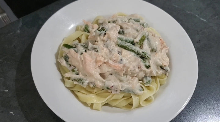 Grilled Salmon and Asparagus in Dill Olive Oil-Lemon Cream Sauce
