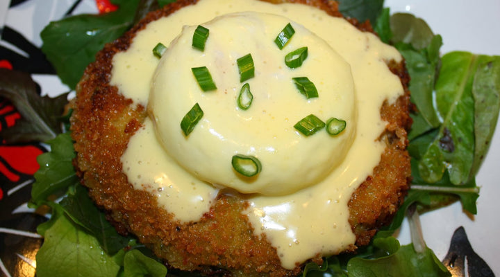 Caramelized Broccoli & Cauliflower Croquettes W/ Poached Eggs & Gremolata Hollandaise