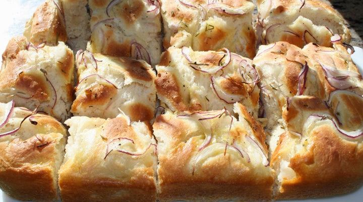 Robust EVOO Focaccia W/ Rosemary & Caramelized Shallots