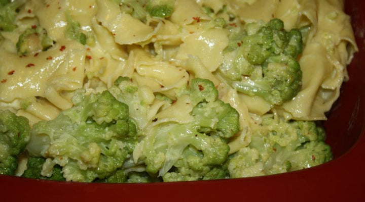 Pan Roasted Roman Cauliflower W/ Caramelized Garlic, Red Pepper & Pecorino Over Handmade Pappardelle