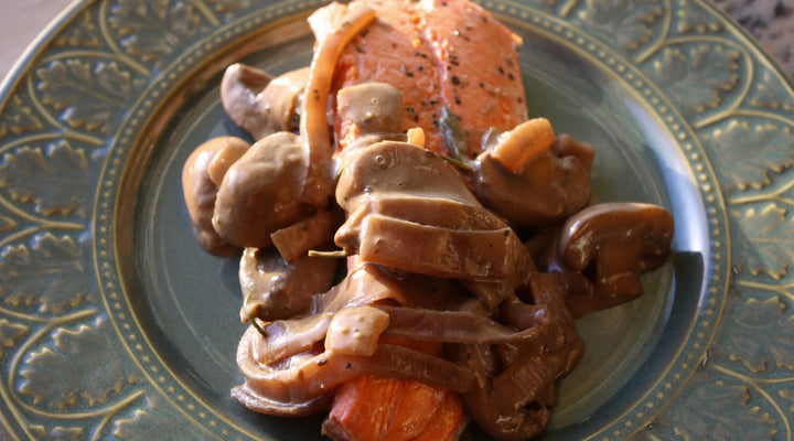 Wild Salmon w/ Creamy Balsamic Rosemary-Caramelized Onions & Wild Mushrooms